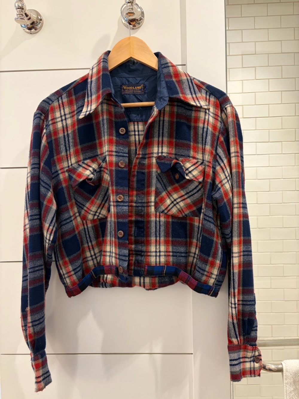 Woodland Plaid Cropped Varsity Jacket - Navy & Red